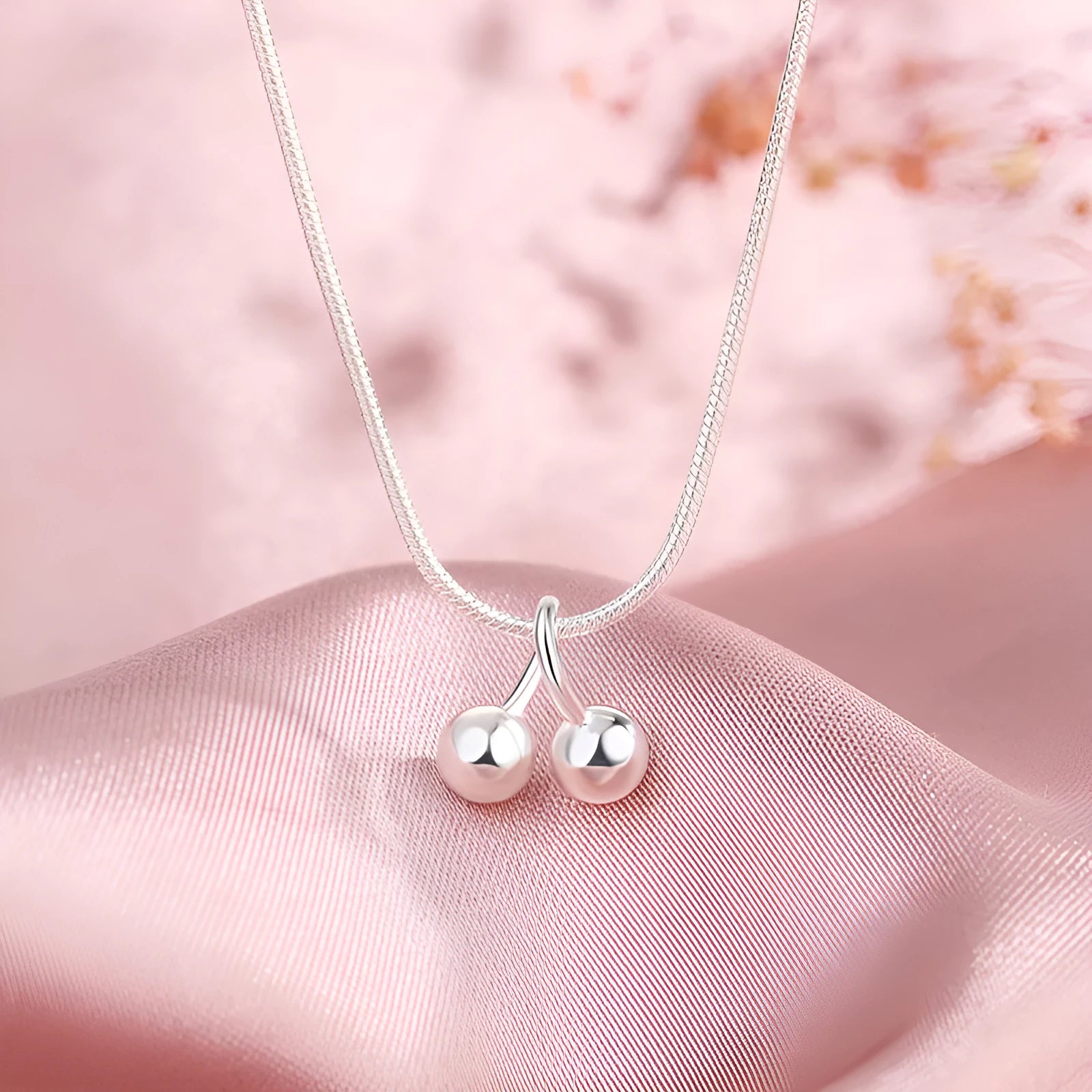 S925 silver cherry necklace with adjustable snake bone chain, Korean style pendant.