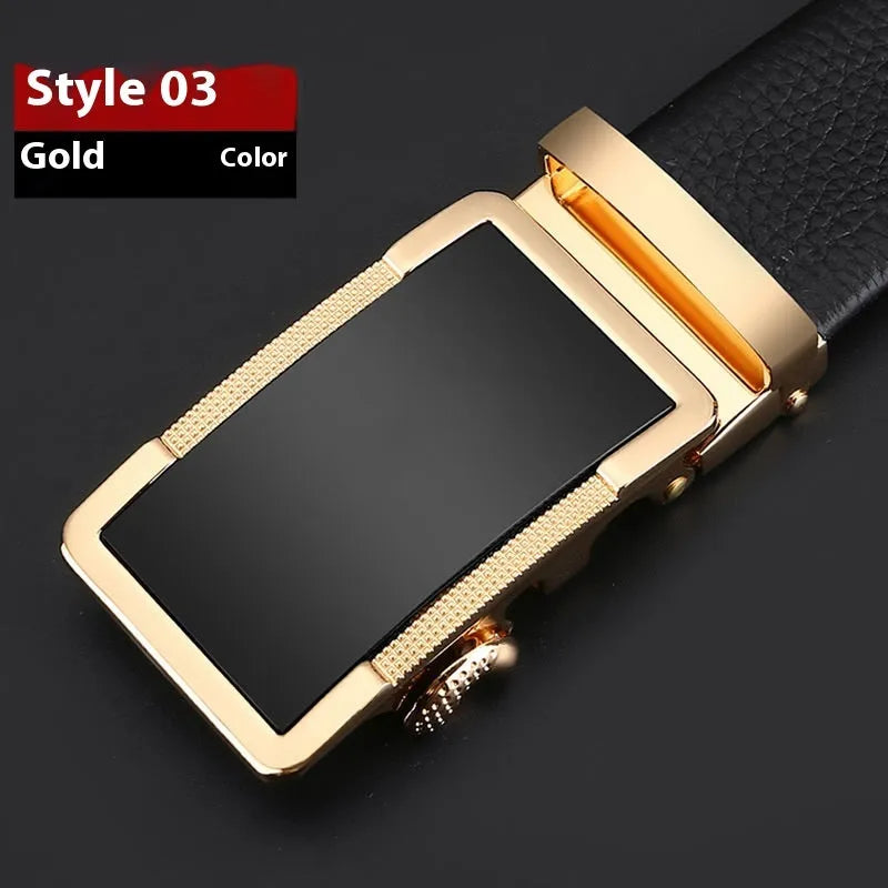 Men's leather automatic buckle belt in gun black, silver, or gold colour, showing the comfort click mechanism.
