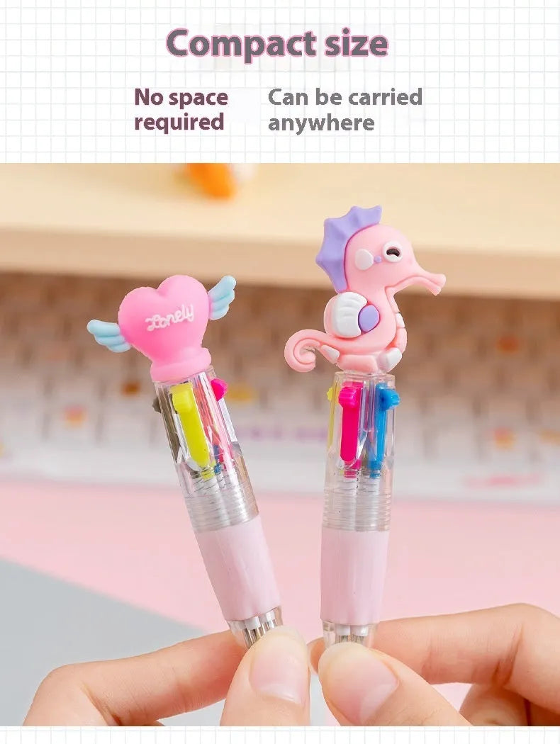 Cute cartoon-themed four-colour press ballpoint pen with 0.7mm tip, showing one random design variant.