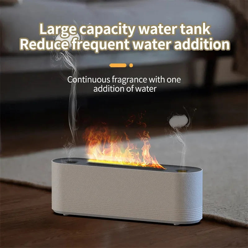 Black ultrasonic humidifier diffuser with colourful LED lights creating flame-like mist effect