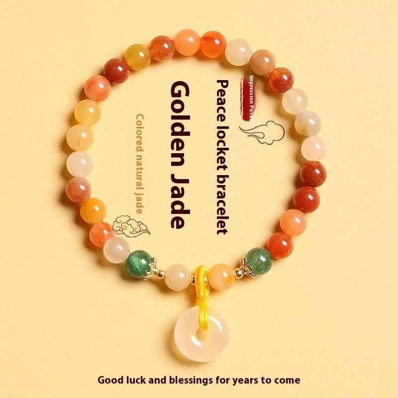 Handmade natural jade peace buckle bracelet with 6mm emerald and red agate beads