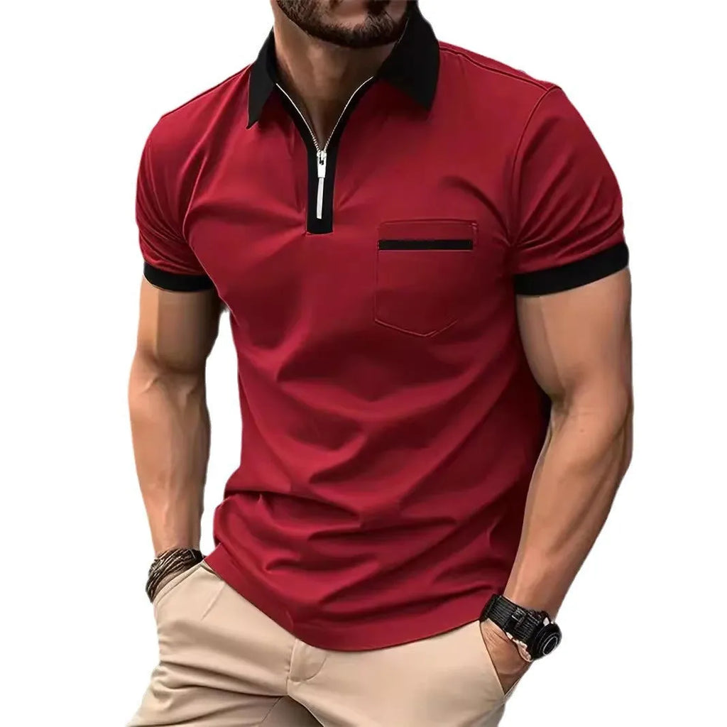 Men's loose-fit casual short-sleeve shirt with a chest pocket and zipper detail on the front.