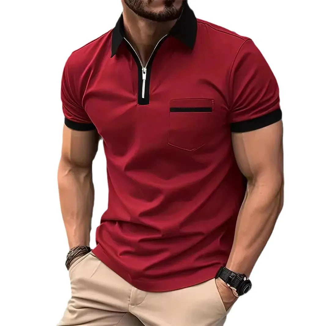 Men's loose-fit casual short-sleeve shirt with a chest pocket and zipper detail on the front.