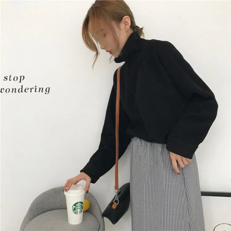 Women's pure colour half-high collar long sleeve loose top in apricot, white, or black.
