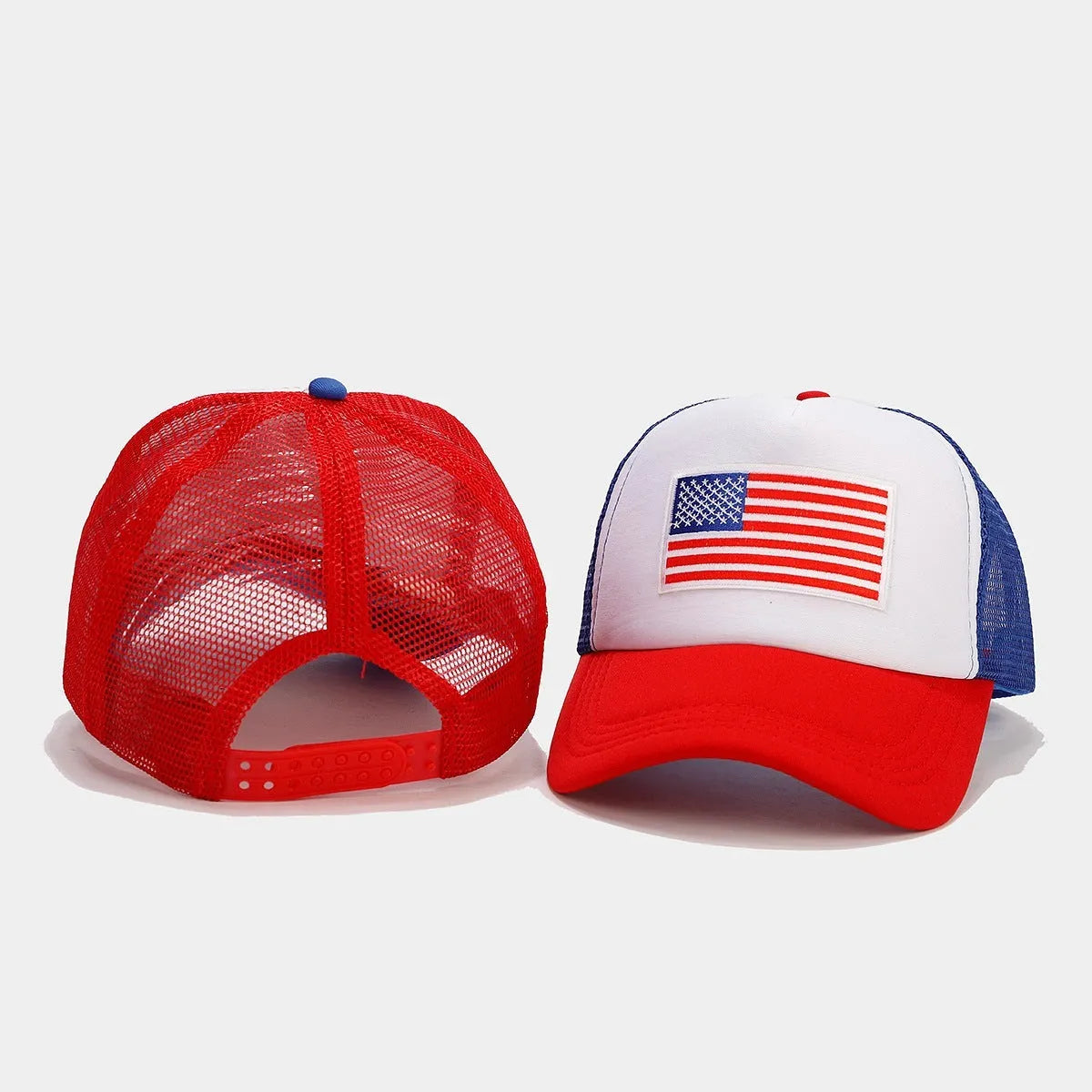 Red and blue contrast mesh baseball cap with an adjustable strap and dome crown.