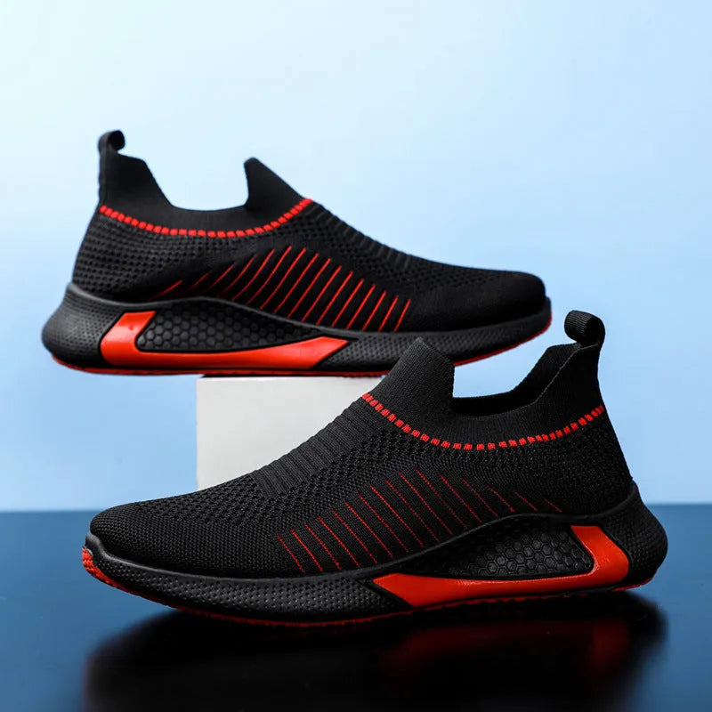 Men's striped mesh sock shoes with flyknit upper and lace-up front