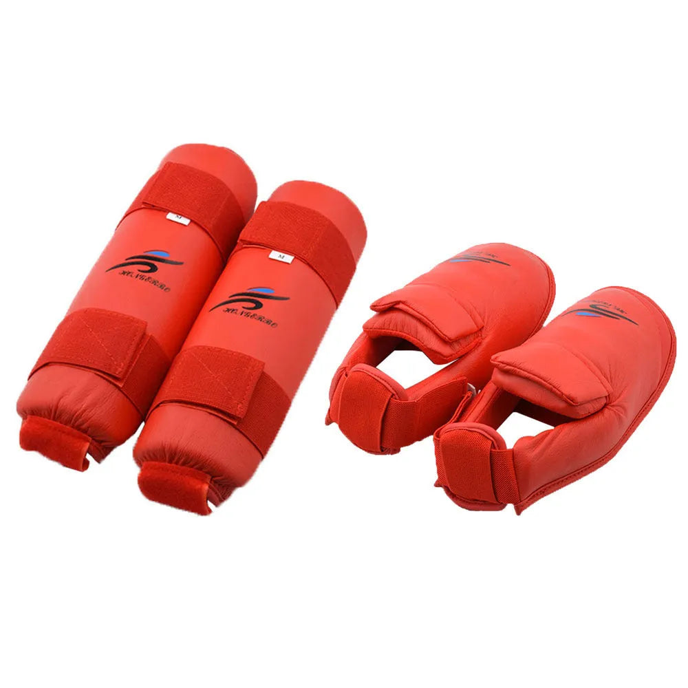 Karate taekwondo protective gear set with red leg guard, helmet, and boxing gloves for martial arts training