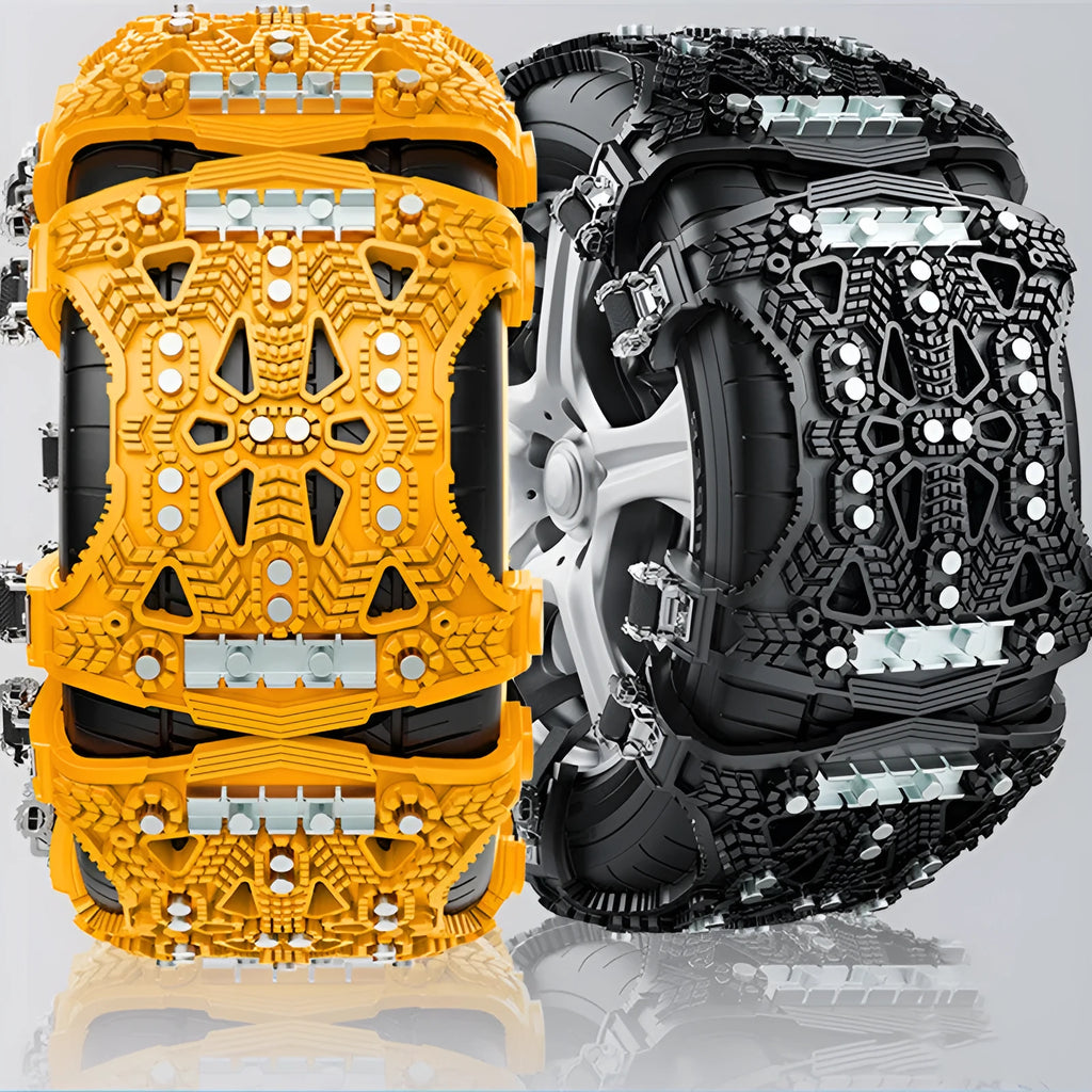 Steel plate snow chains for cars and SUVs with snow shovel and gloves in winter kit
