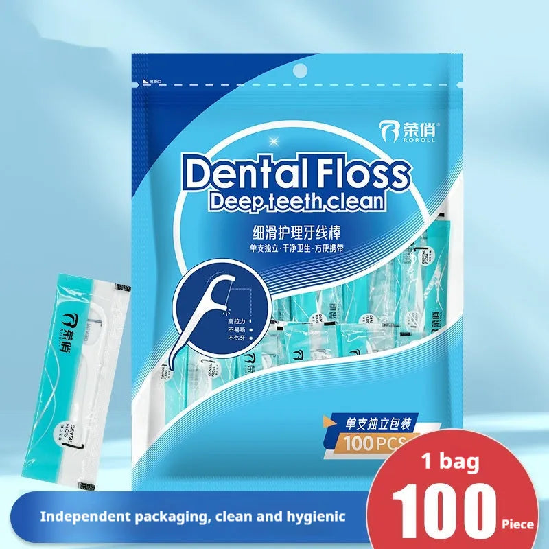 Disposable dental floss in portable bag packaging with independent single packs