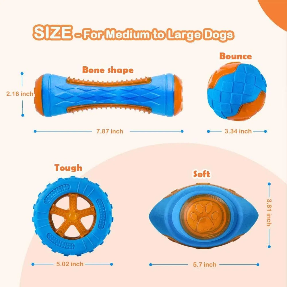 Set of three dog toys: a red ball, a blue barbell, and an orange tyre, floating in water.
