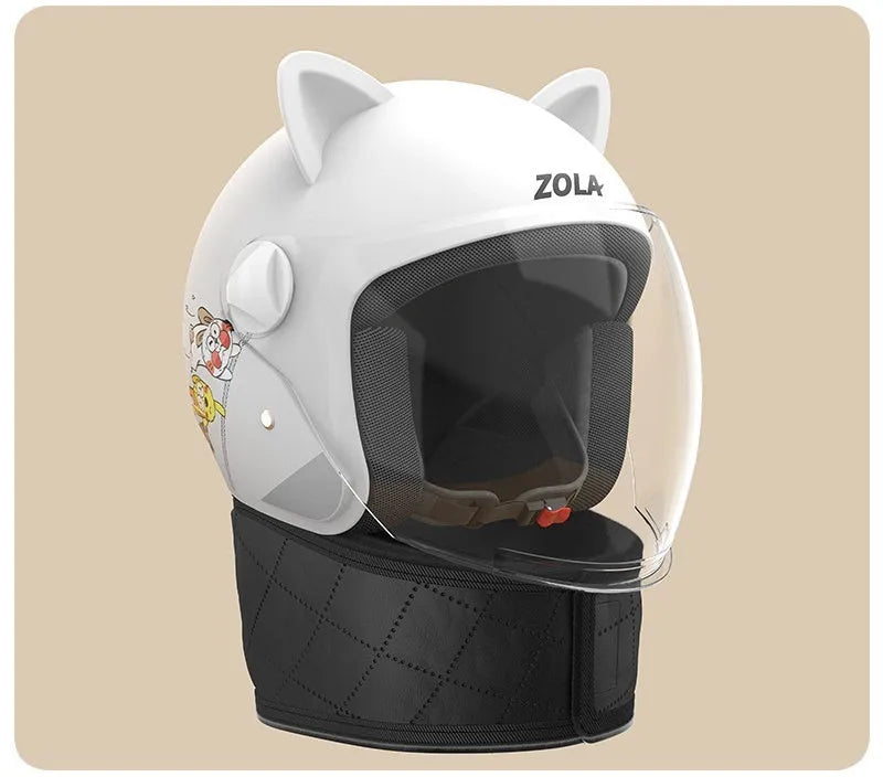 Blue winter electric bicycle helmet with anti-fog visor and attached neck scarf.