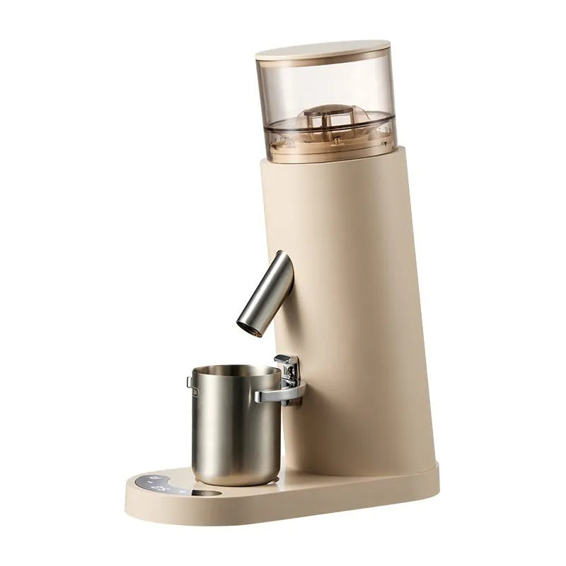 Portable automatic electric coffee grinder in stainless steel with beige or black finish options.
