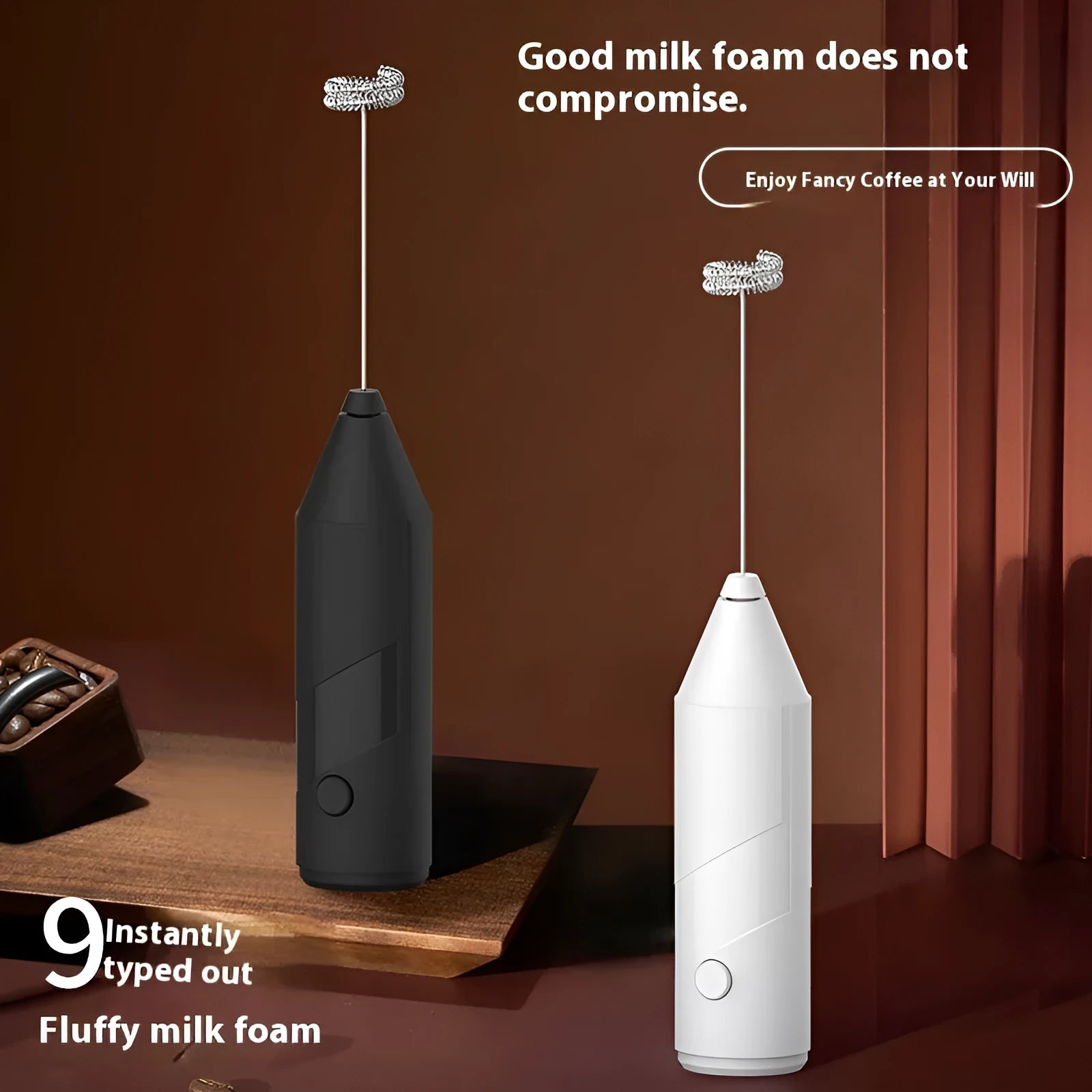 Mini handheld USB rechargeable milk frother in black, white, and khaki colour options
