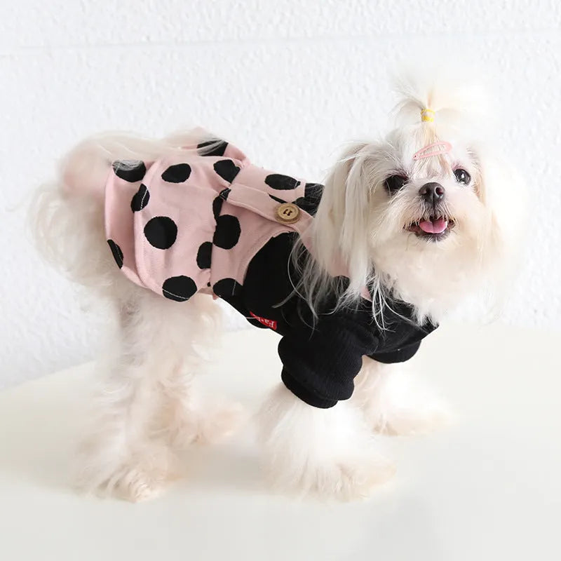 Pet couple clothing with lapel shoulder strap design in casual cloth material