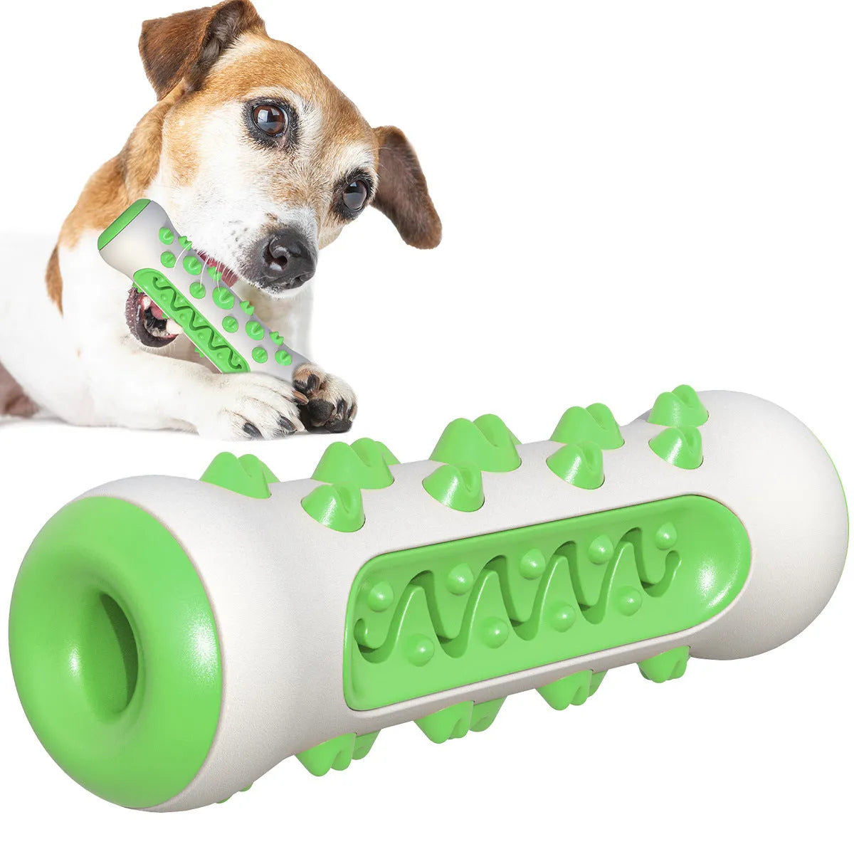 A blue natural rubber dog toothbrush chew toy with a textured surface, shown next to a green one.