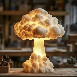 Modern art table lamp shaped like an atomic bomb mushroom cloud explosion on a table.