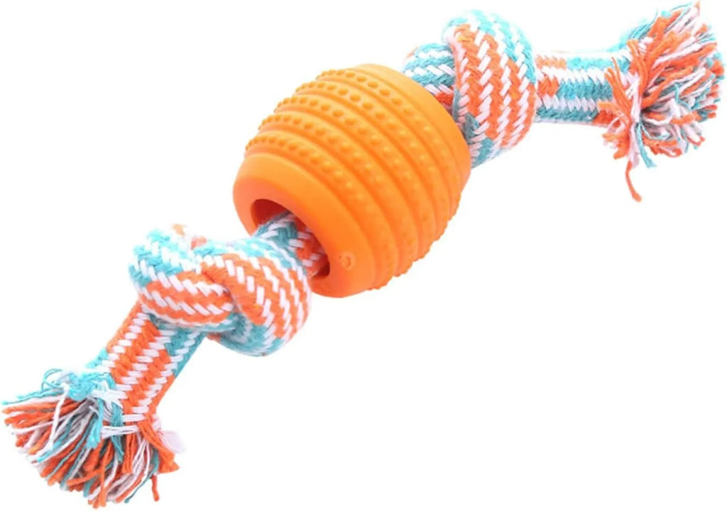 Blue dog dental chew toy with rope sections and molar-cleaning ridges for oral health