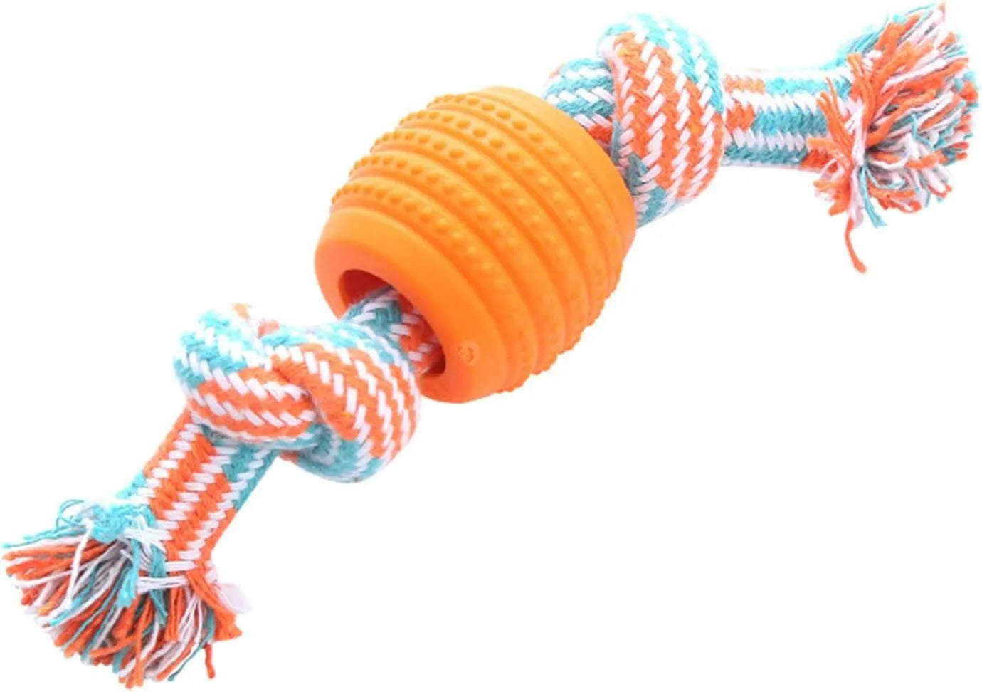 Blue dog dental chew toy with rope sections and molar-cleaning ridges for oral health