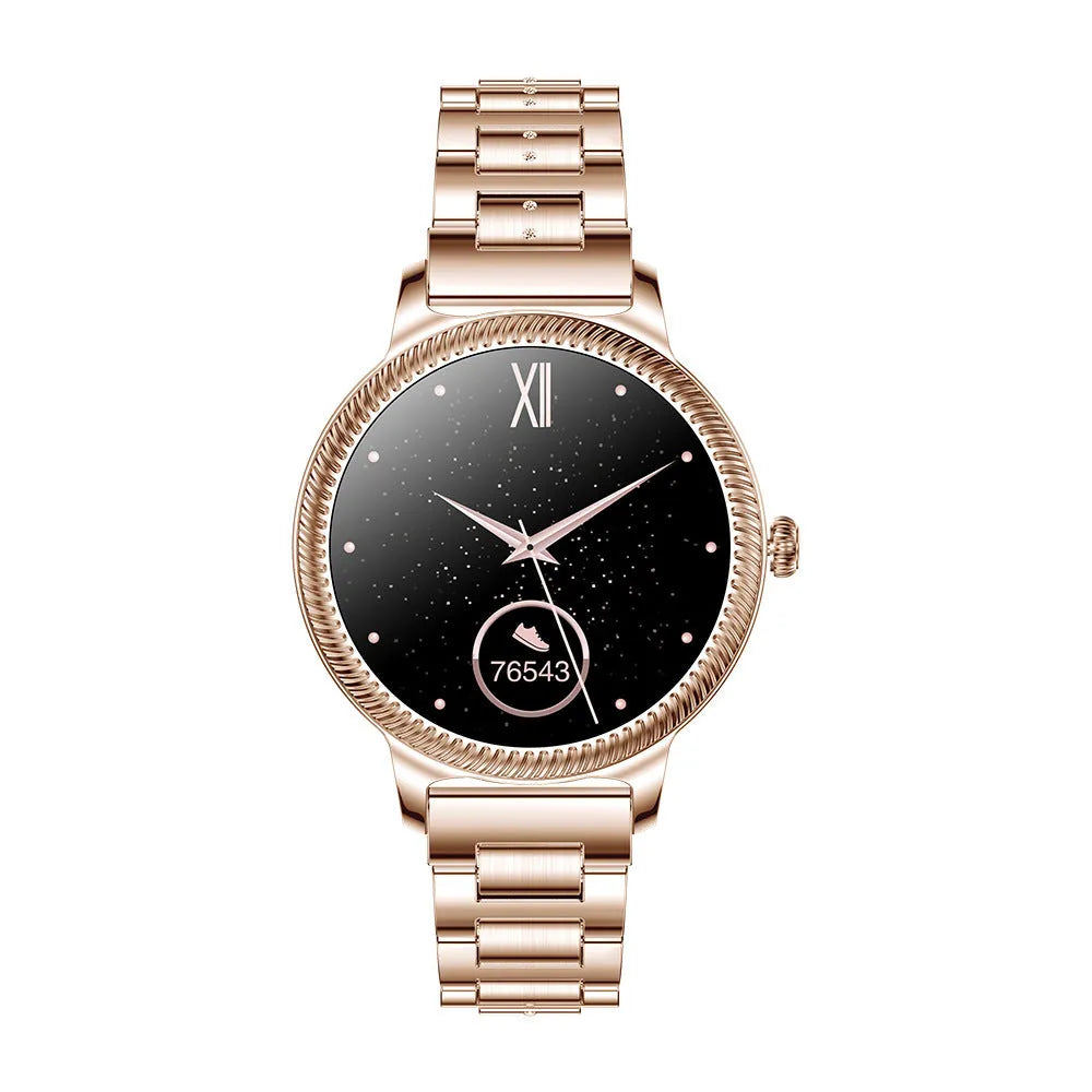AK38 ladies smartwatch with stainless steel wristband showing 1.09-inch colour display