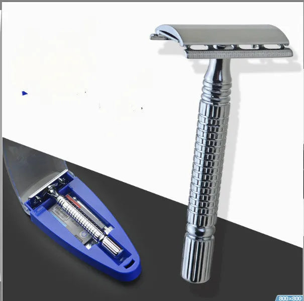 Double edged safety razor with chromed brass handle and storage box