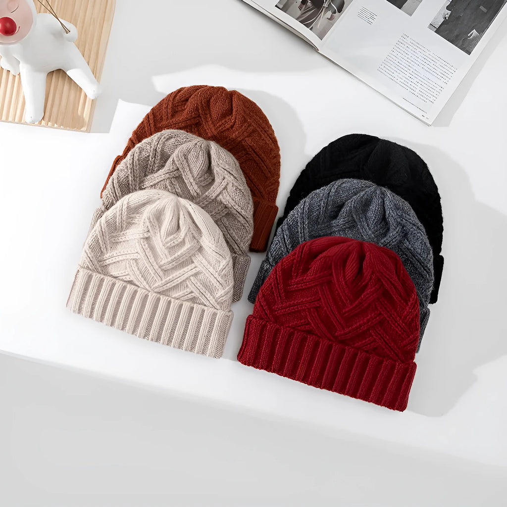 Wool knitted women's winter hat with dome crown in six colour options showing ivory white, khaki, ankela red, golden brown, goddess gray and obsidian black variations