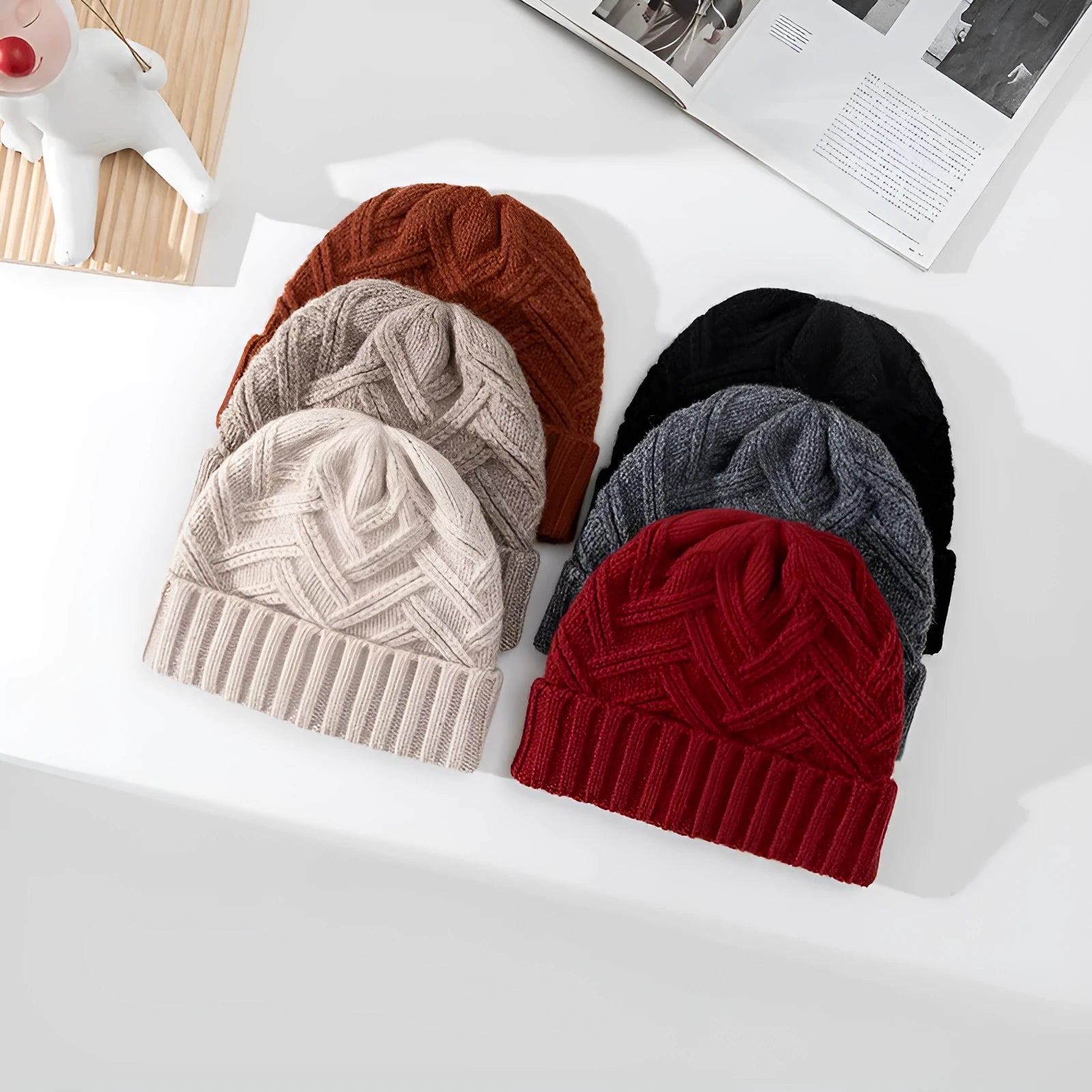 Wool knitted women's winter hat with dome crown in six colour options showing ivory white, khaki, ankela red, golden brown, goddess gray and obsidian black variations