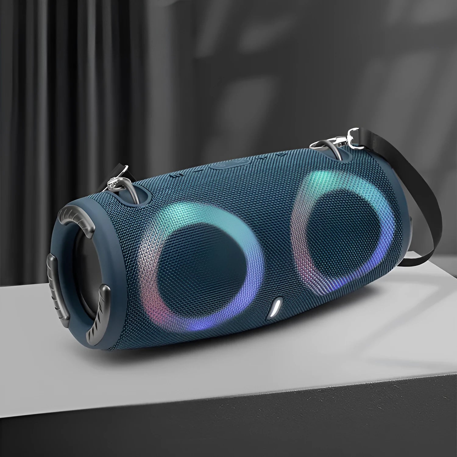 War Drum portable Bluetooth speaker with RGB coloured lights in black, blue, red, silver grey, or camouflage.