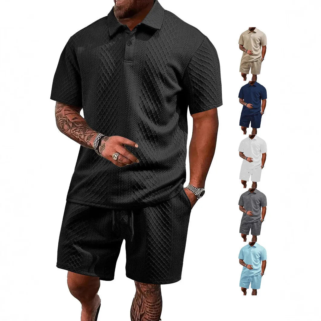 Men's figured cloth short sleeve suit with polo shirt and matching trousers in sports leisure style