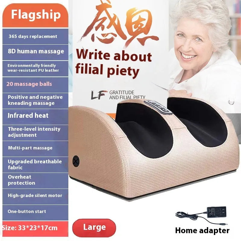 Automatic foot massage machine in gold colour with remote control on a wooden floor.