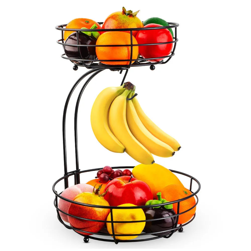 Black and gold double-layer wrought iron fruit and vegetable storage basket