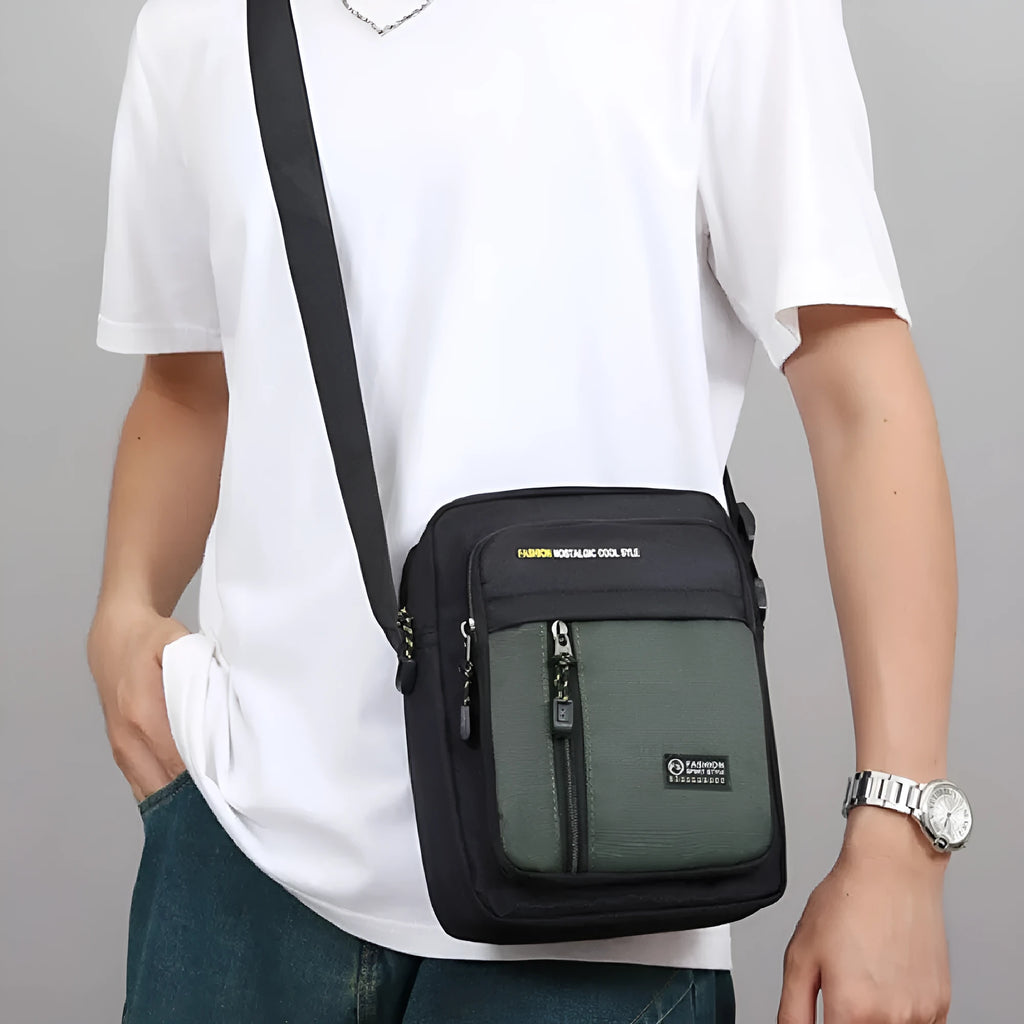 Men's green nylon crossbody messenger bag with casual outdoor styling
