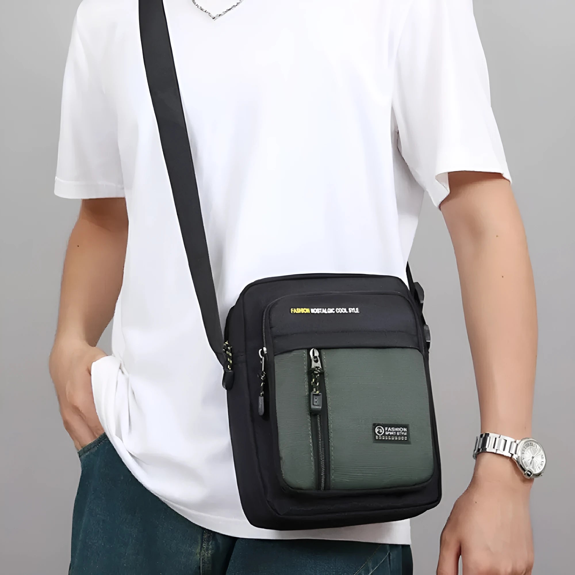 Men's green nylon crossbody messenger bag with casual outdoor styling