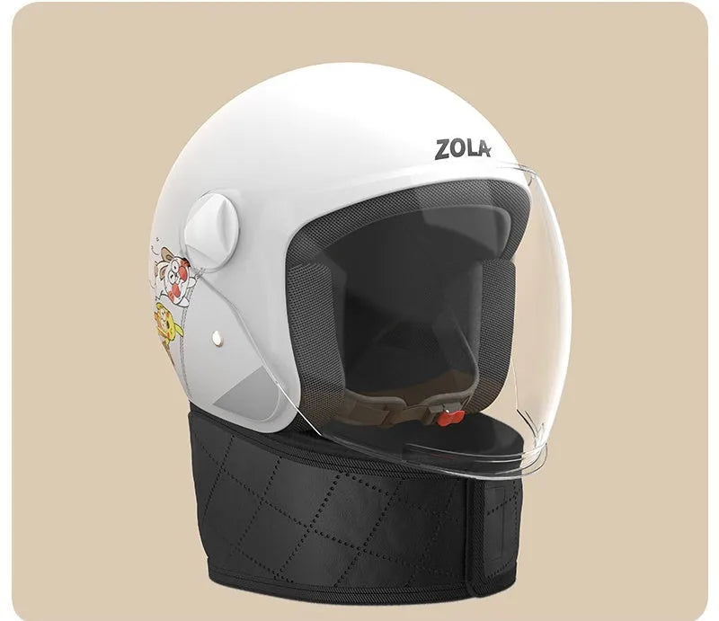 Blue winter electric bicycle helmet with anti-fog visor and attached neck scarf.