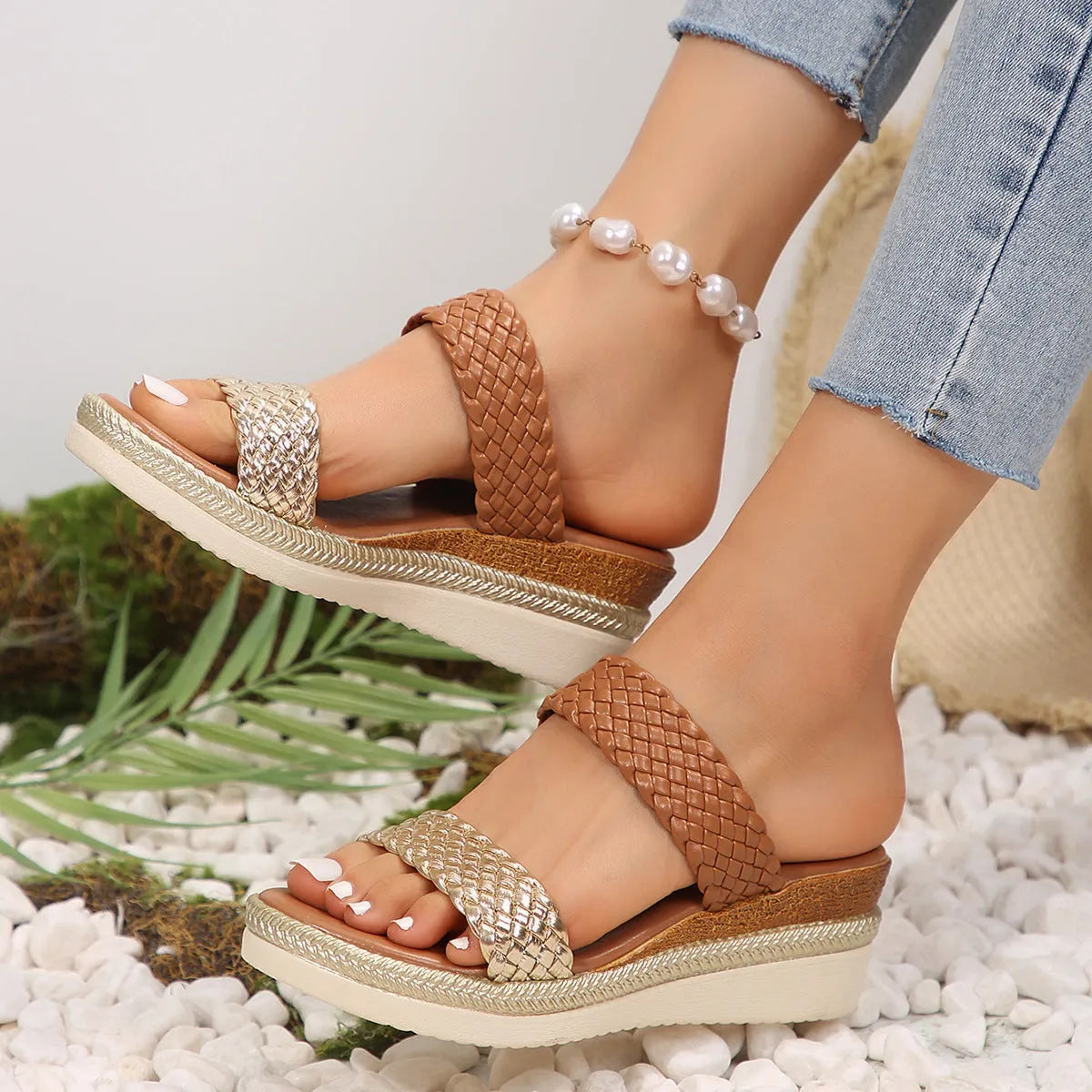Gold and silver plus size wedge sandals for women with rubber soles in sizes 36-43