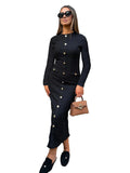 Black slim fit knitted dress with long sleeves, a French retro collar, and button detailing.