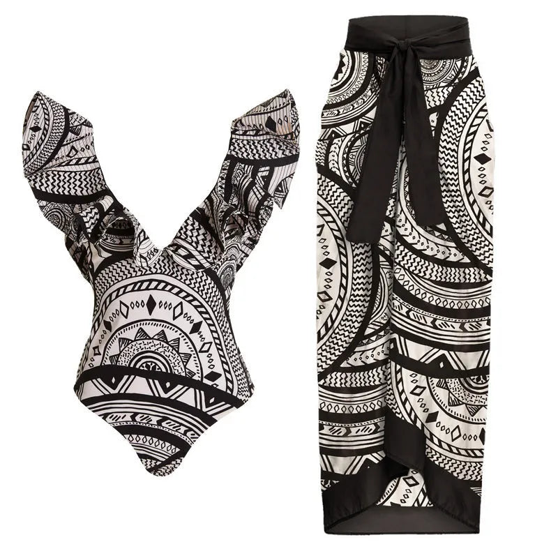 Women's vintage print one-piece swimsuit with deep V-neck and matching wrap skirt on a hanger.