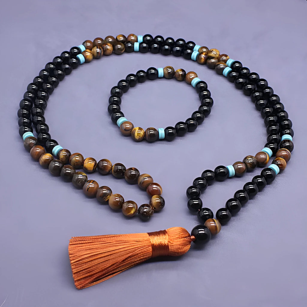 Black agate bracelet and necklace set with tiger eye ornament geometric jewellery