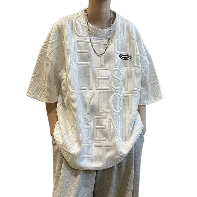 Men's grey retro t-shirt with raised letter print in loose fit short sleeve design