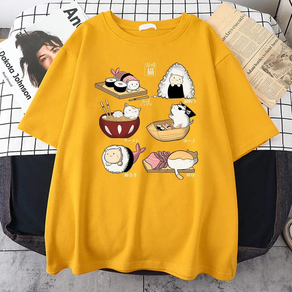 Men's cotton T-shirt with cartoon cat sushi design in loose fit with short sleeves