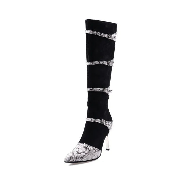 Grey knee-high women's boots with a thin 9cm high heel on a rubber sole.