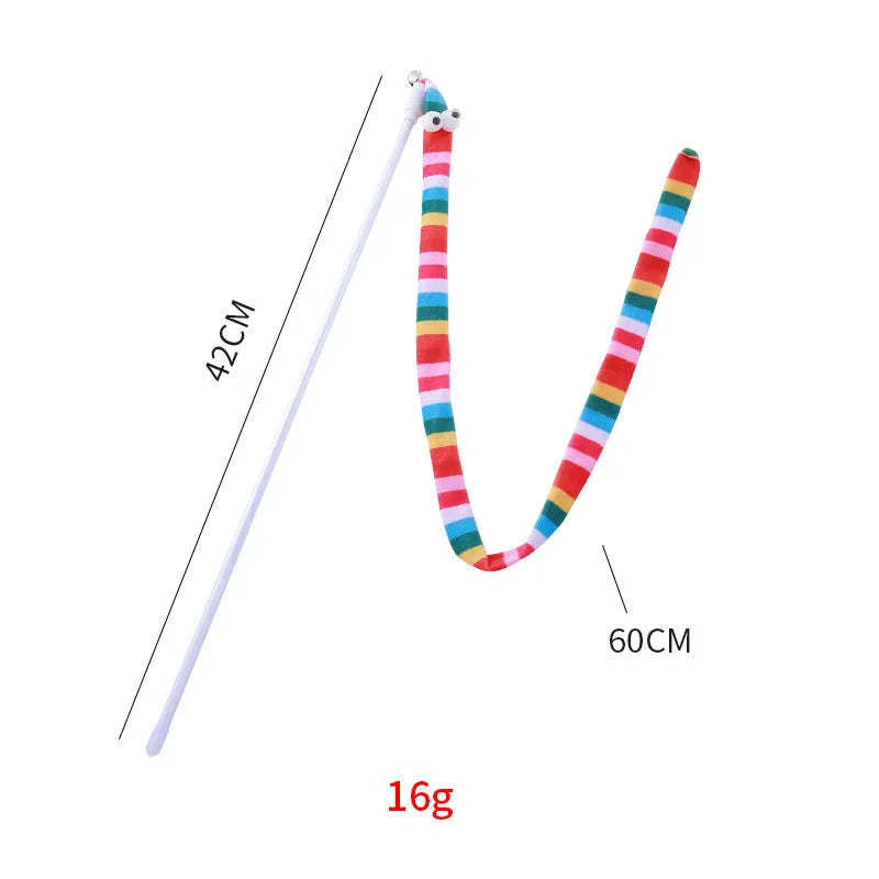 Cat wand toy with polycarbonate pole and long plush strip in vivid colours for interactive feline play