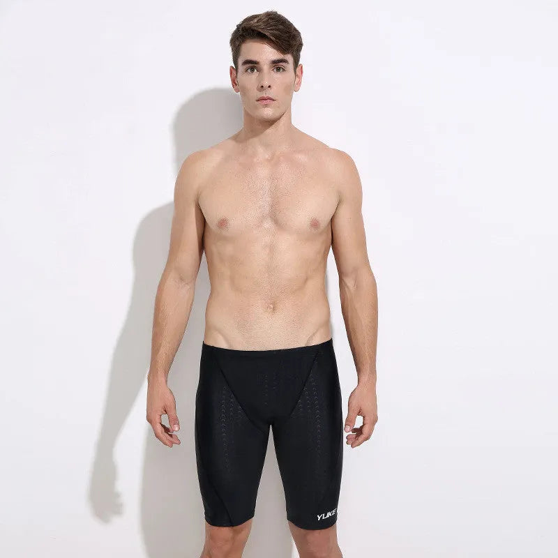 Men's black polyester swimming trunks set with goggles cap and bag
