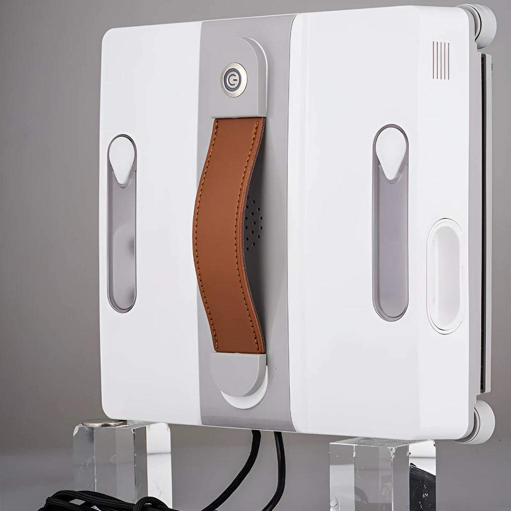 White intelligent window cleaning robot with water spray nozzles for automatic high-rise window washing