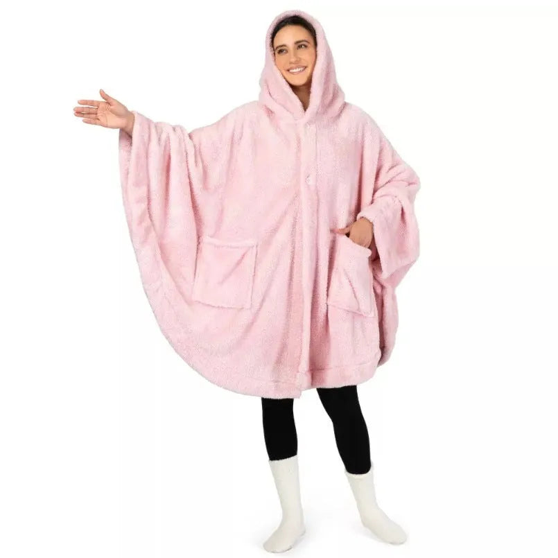 A hooded long sleeve bathrobe in super thick polyester fabric, shown in a cardigan style.