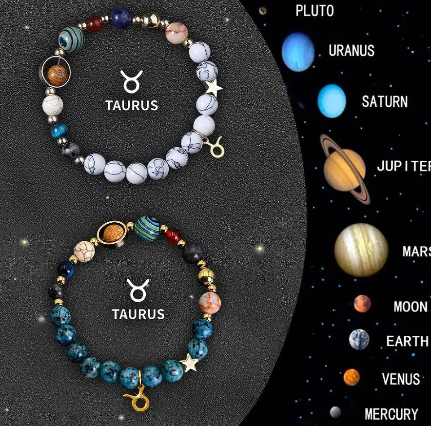 Set of twelve natural stone bead bracelets laid out, each representing a different zodiac sign.