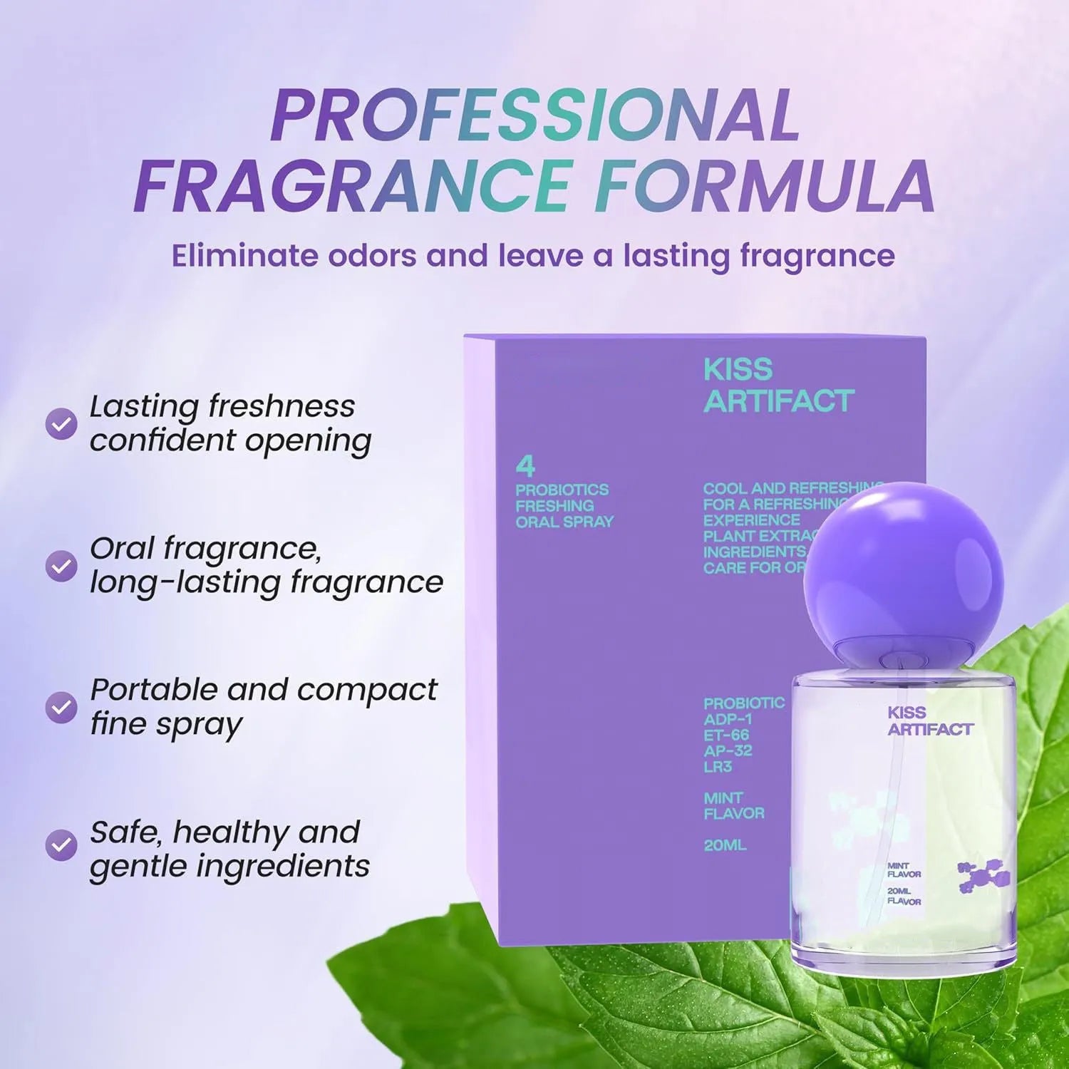 Portable 20ml bottle of probiotic oral hydration spray on a plain background
