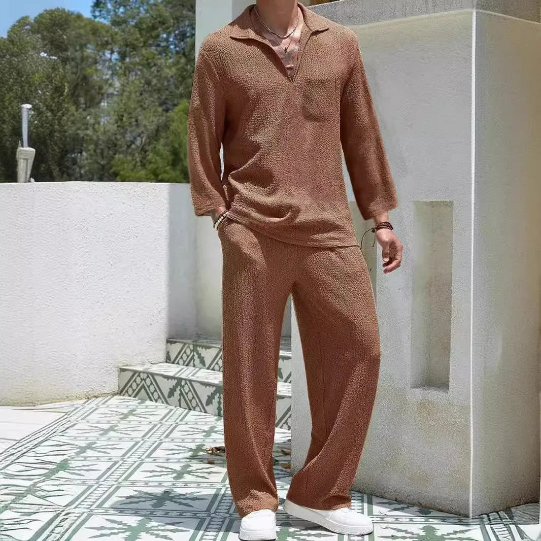 Men's casual polyester shirt and trousers suit set in lake blue colour.