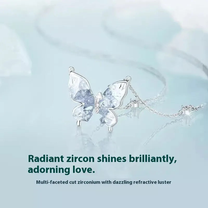 Women's S925 silver necklace with ice rain butterfly pendant on adjustable chain