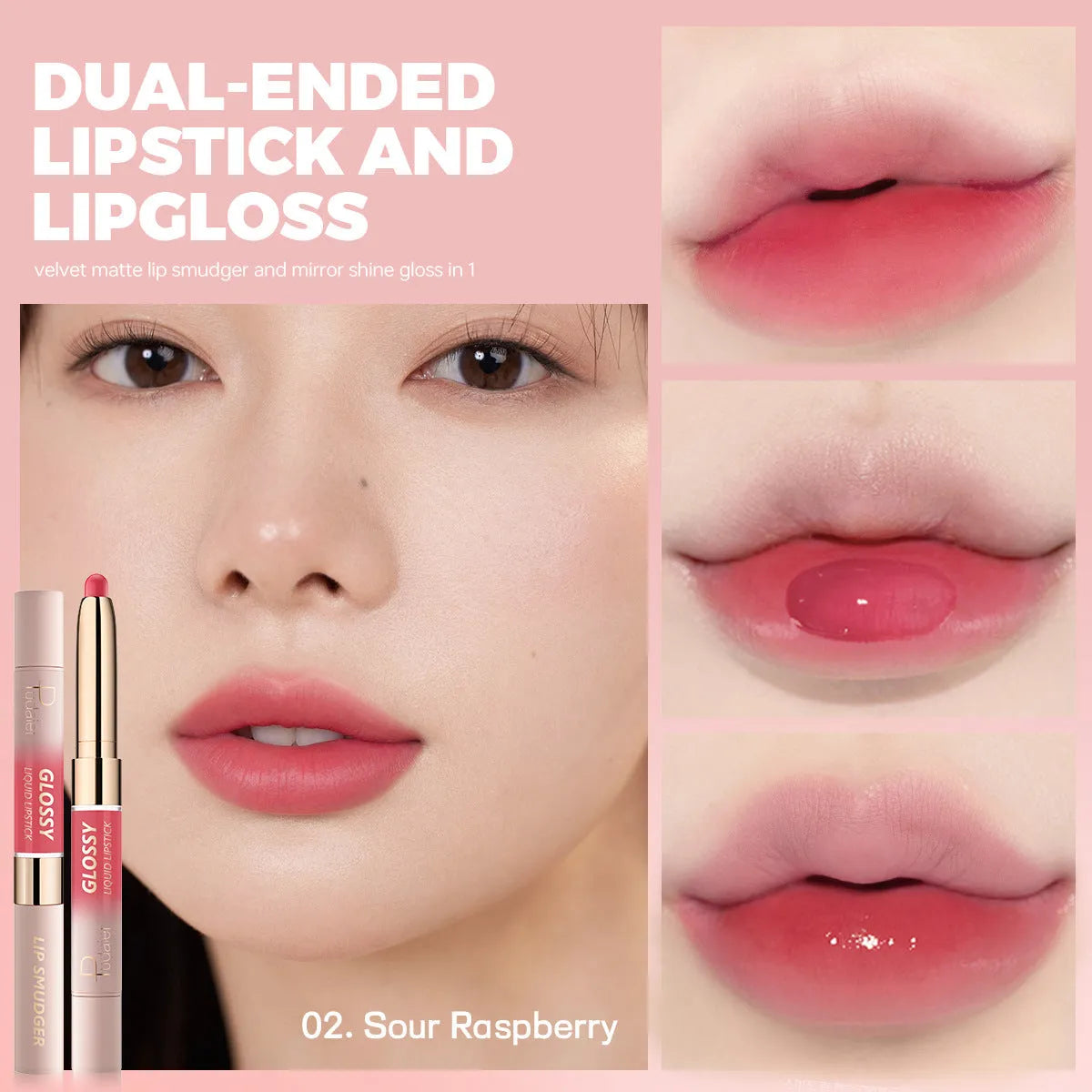 Double-headed lipstick lip gloss in matte finish showing ten different colour options from 01 to 10.