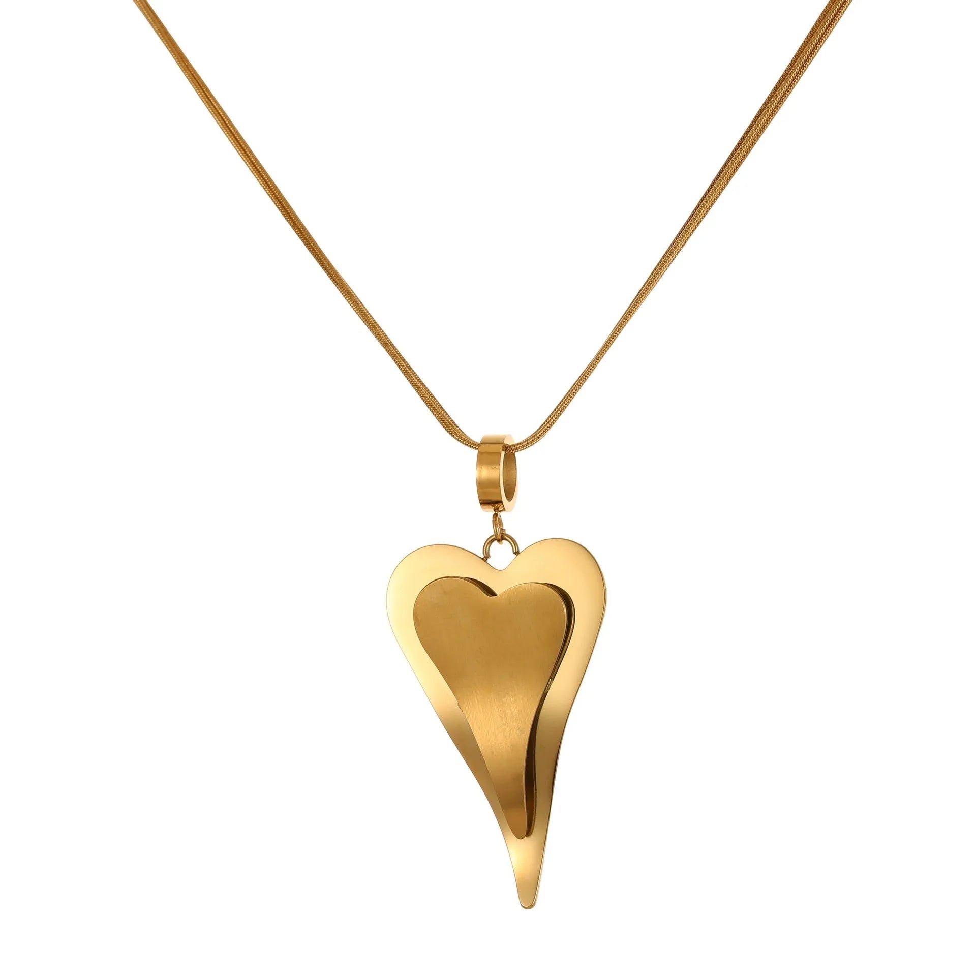Gold stainless steel necklace with double heart pendant on snake bones chain
